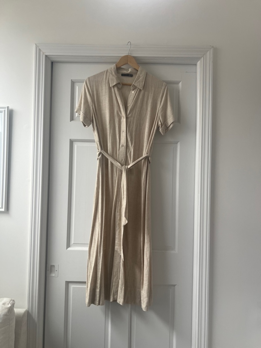 Black Tape_ Beige Button-Front Midi Shirt Dress linen blend